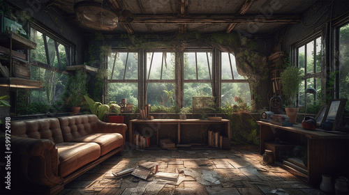nature taking over an abandoned living room, Generative AI © Daniel
