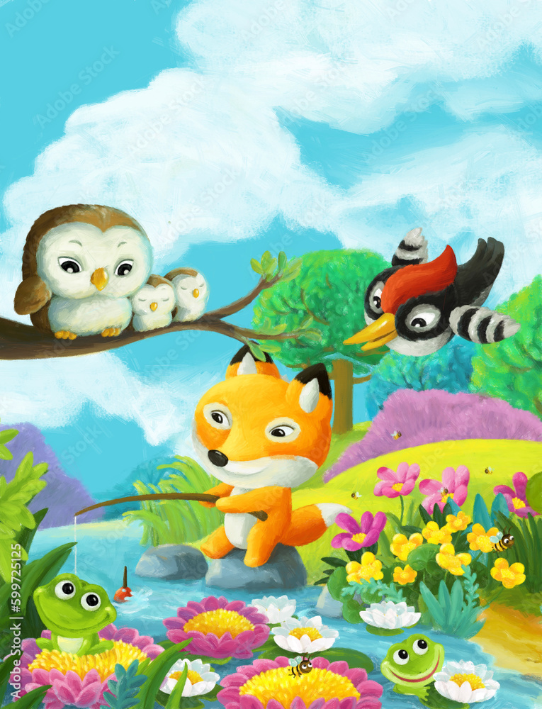 Fototapeta premium cartoon scene forest animals friends fishing illustration