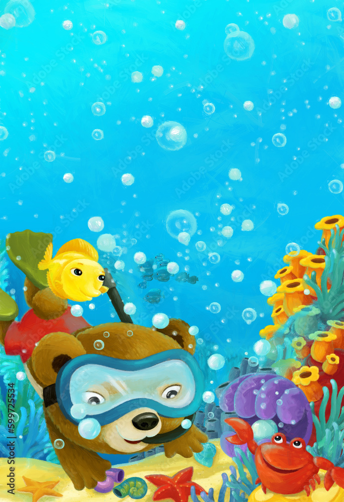 Fototapeta premium cartoon ocean scene coral reef forest animals diving