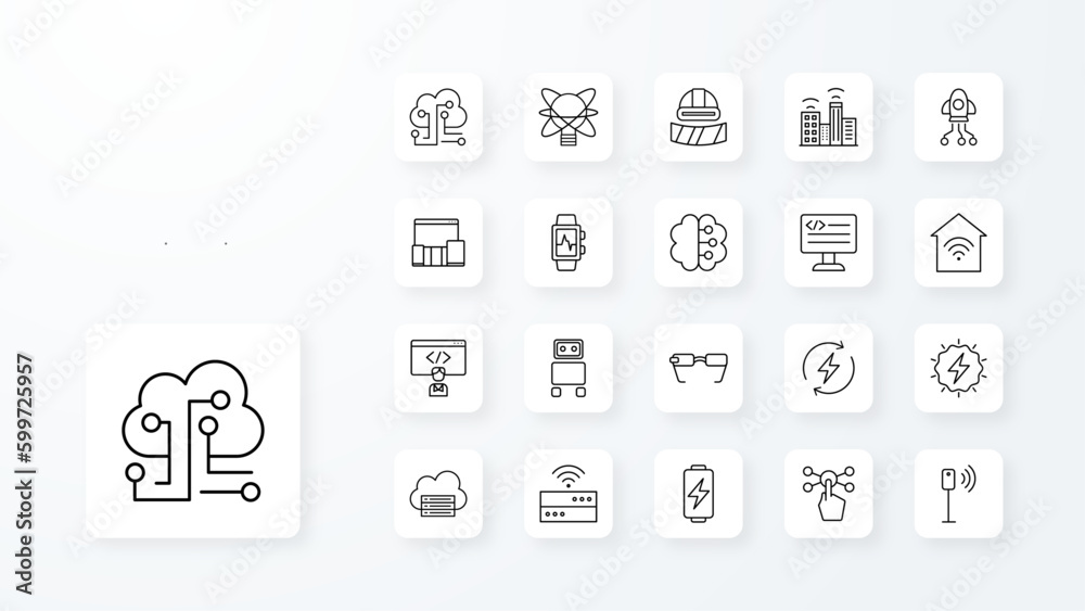 Technology icon collection with black outline style. internet, network, line, sign, business, set, computer. Vector Illustration