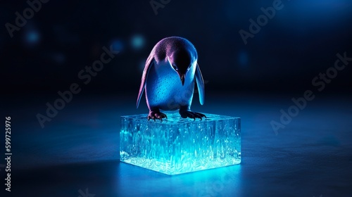 Ein Pinguin steht auf einer blau leuchtenden schmilzenden Eisscholle und sieht traurig und hilflos auf sie hinunter