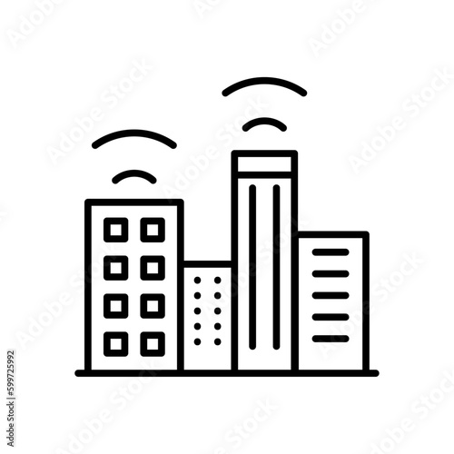 Smart city technology icon with black outline style. connection, mobile, symbol, infrastructure, urban, iot, sign. Vector Illustration