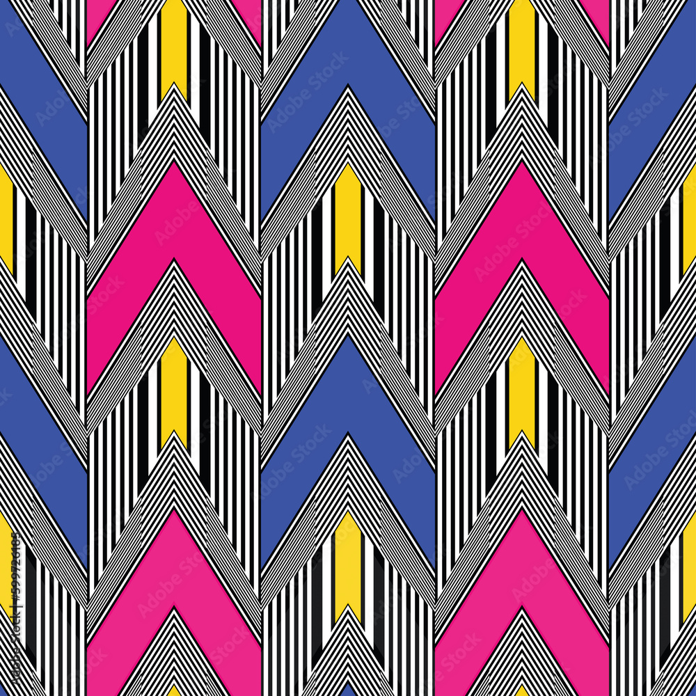 Multicolor Moiré Effect Textured Ornate Chevron Pattern