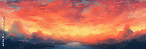 Orange dawn sky, watercolor art style, seamless. AI generative