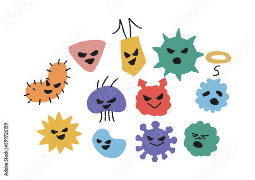 いろいろな表情の黄色のかわいいばい菌やウイルスのイラスト