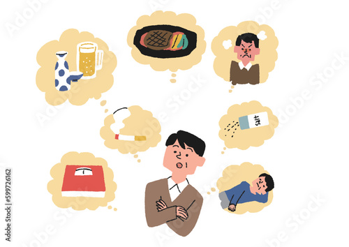 生活習慣病予備軍の男性が自分の生活について思い浮かべるイラスト