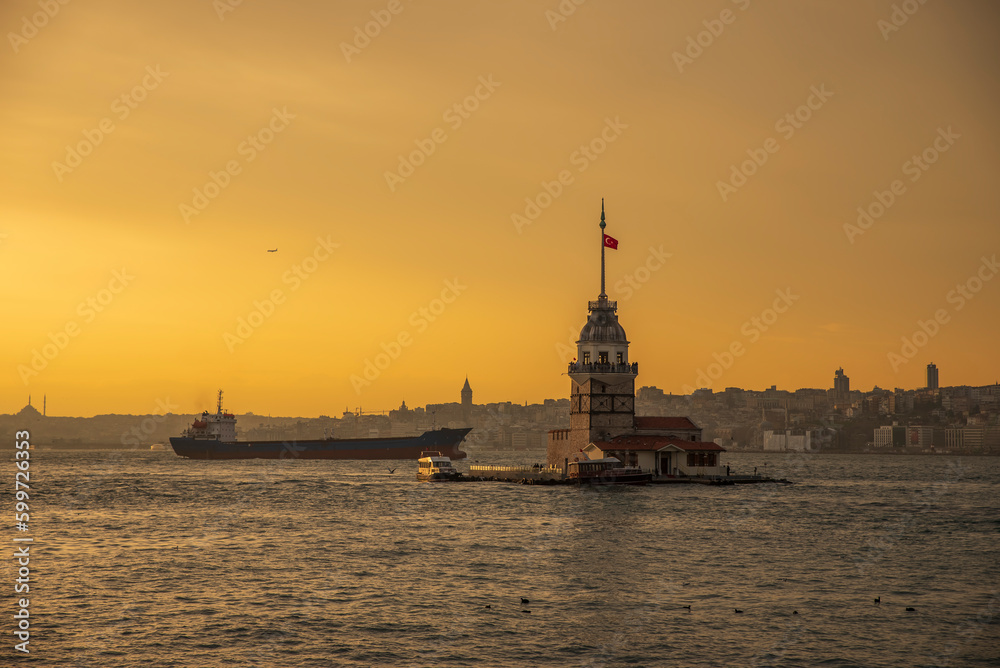 Maiden's Tower, built on an island in the Bosphorus, one of the architectural symbols of Istanbul and Turkey, and its photographs taken at sunset in different lights and colors