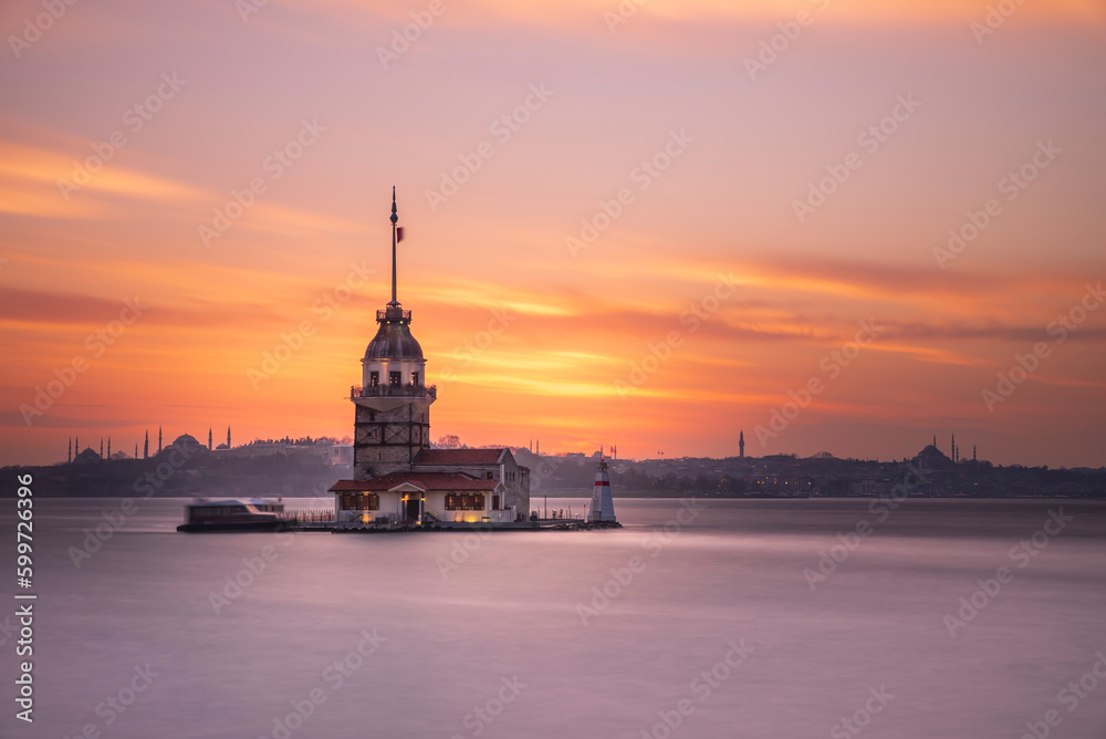 Maiden's Tower, built on an island in the Bosphorus, one of the architectural symbols of Istanbul and Turkey, and its photographs taken at sunset in different lights and colors