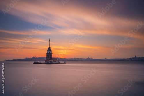 Maiden's Tower, built on an island in the Bosphorus, one of the architectural symbols of Istanbul and Turkey, and its photographs taken at sunset in different lights and colors © Aytug Bayer