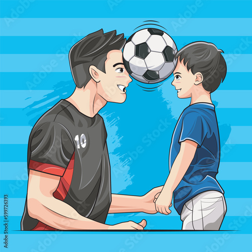 Fathers Day. Dad and Son with Soccer Ball vector illustration