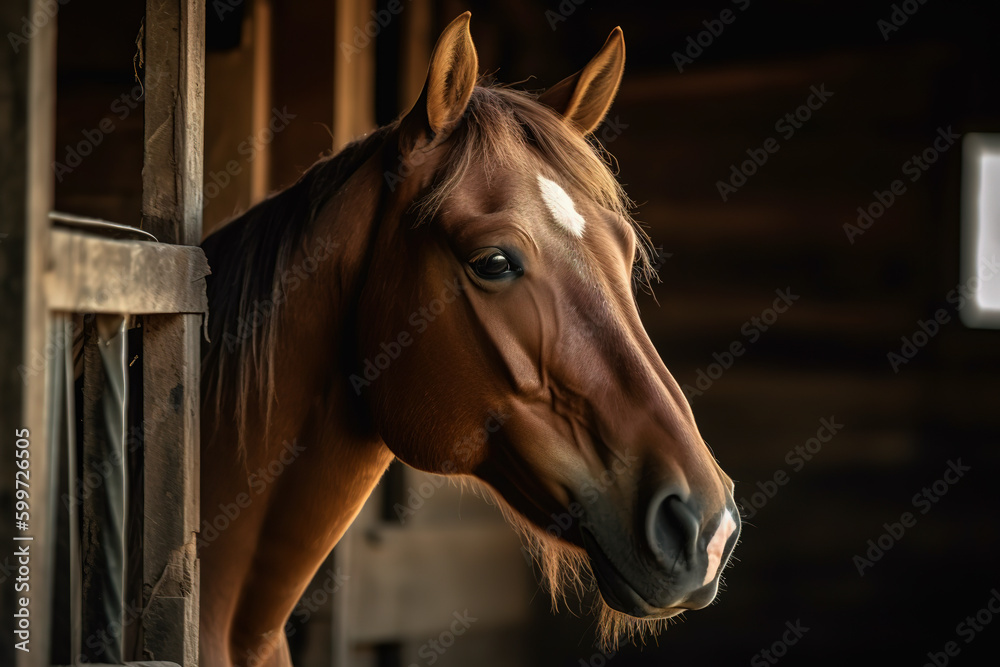 Fototapeta premium An elegant brown horse on the farm. Portrait. AI-generated image