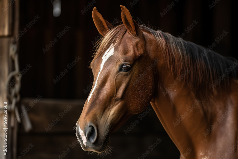 Obraz premium An elegant brown horse on the farm. Portrait. AI-generated image