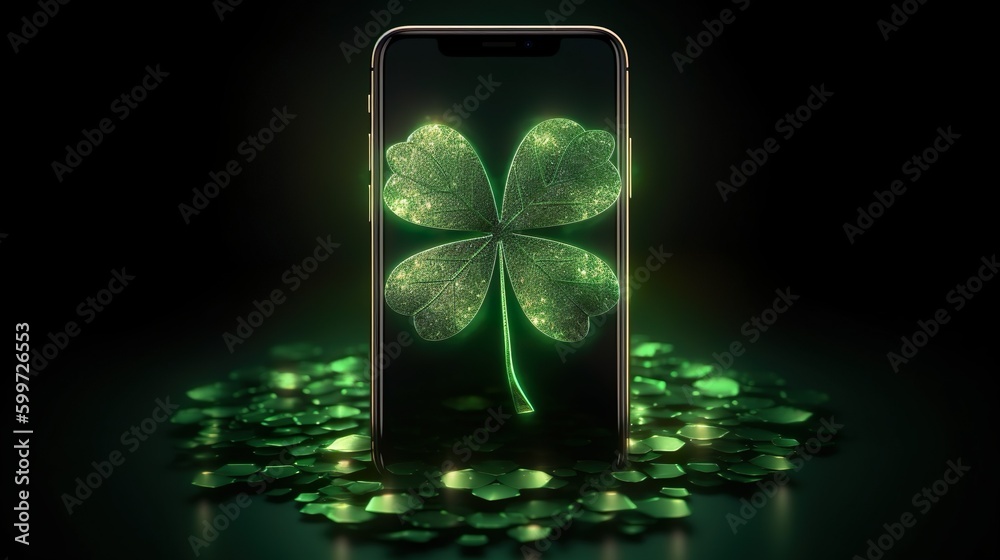 Ein Smartphone auf dessen Bildschirm ein grün leuchtendes, vierblättriges kleeblatt zu sehen ist, das sich strahlend von dem dunklen Hintergrund abhebt