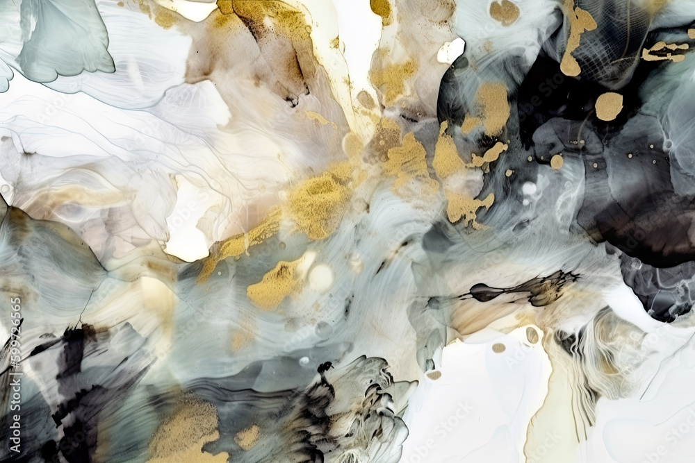 An abstract painting with gold and black paint. Generative AI.