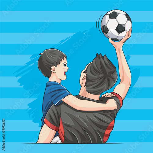 Fathers Day. It is time for soccer with father and son vector illustration