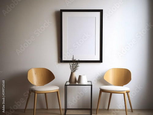 View of photo frame with interior home decor, Interior of modern living room with empty picture frame, chairs and plants. Generative Ai