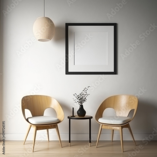 Interior of modern living room with two chairs, coffee table and picture frame, View of photo frame with interior home decor, Generative Ai