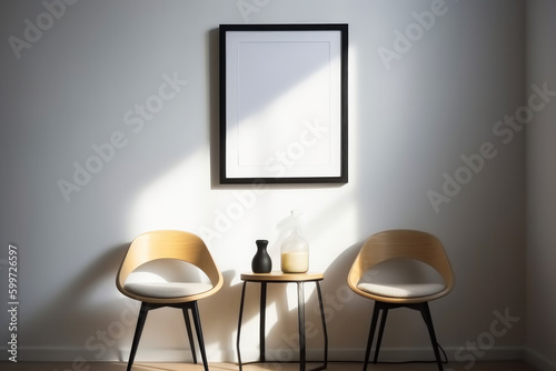 Interior of modern living room with two chairs, coffee table and picture frame, View of photo frame with interior home decor, Generative Ai