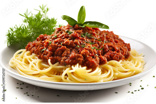 A white plate topped with spaghetti Bolognese and green leaves. Generative AI image.