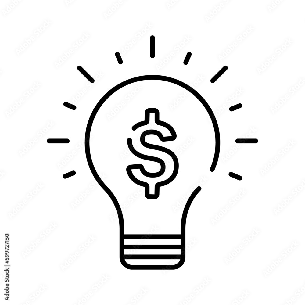 Business idea finance and money icon with black outline style. invention, thin, creativity, lightbulb, power, intelligence, bright. Vector Illustration Business idea finance and money icon with black outline style. invention, thin, creativity, lightbulb, power, intelligence, bright. Vector Illustration