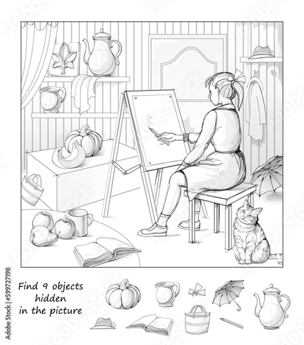 Find 9 objects hidden in the picture. Logic puzzle game for children and adults. Girl learning to draw sitting at the easel. Educational page. Play online. Task for attentiveness. Vector cartoon image