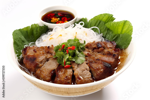 Bun Cha, a Vietnamese Generative AI dish featuring grilled pork served with vermicelli noodles, herbs, and a fish sauce