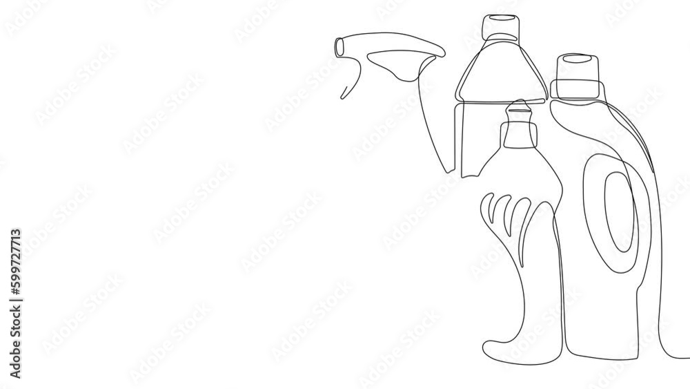 Animated drawing of continuous line draw of set bottles of different cleaning procucts friendly cleaning. Minimal concept. High quality 4k footage