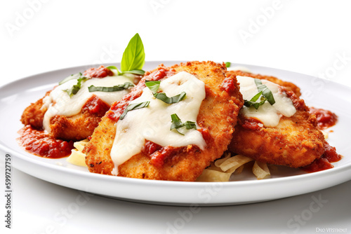 Chicken Parmesan, breaded chicken cutlet with tomato sauce and mozzarella cheese. Generative AI.