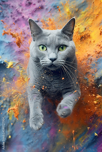 A Cat jumping through colorful explosion powder. Generative Ai. © think4photop