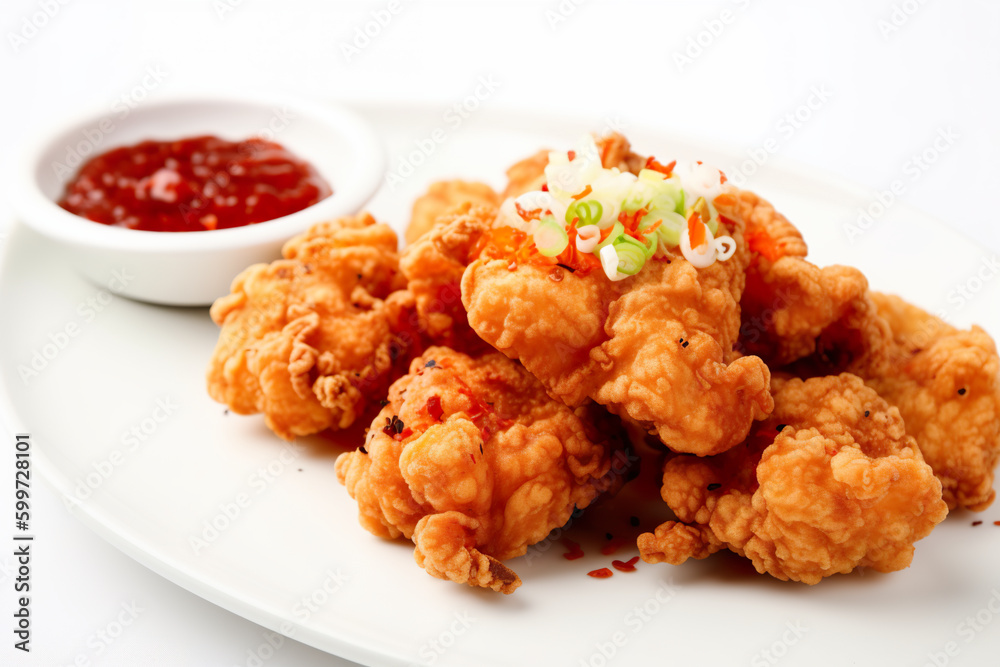 Dakgangjeong: Crispy fried chicken bites with sweet and spicy sauce, Generative AI Korean dish Dakgangjeong: Crispy fried chicken bites with sweet and spicy sauce, Generative AI Korean dish