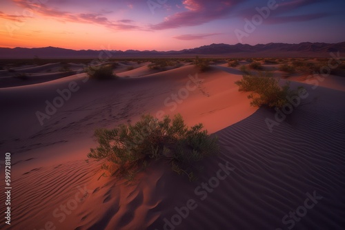 A mesmerizing desert landscape at twilight, sense of solitude and tranquility. Generative AI.