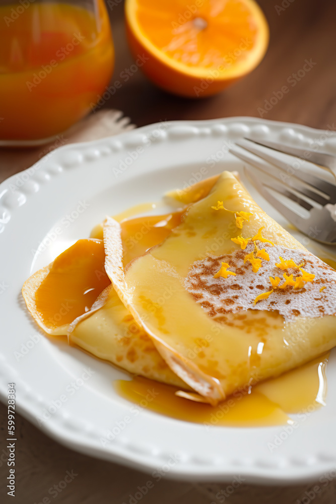 Crepe suzette, tasty pancakes with orange sauce on white plate, Generative AI traditional French dessert Crepe suzette, tasty pancakes with orange sauce on white plate, Generative AI traditional French dessert