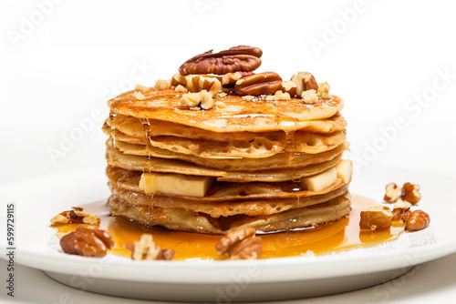 Hotteok, stack of pancakes on a plate with syrup and nuts. Generative AI.