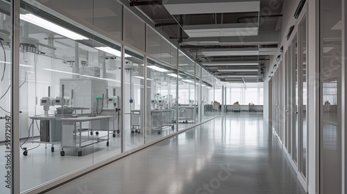 Long corridor in research facility with scientific laboratory interior behind glass wall. Generative AI.
