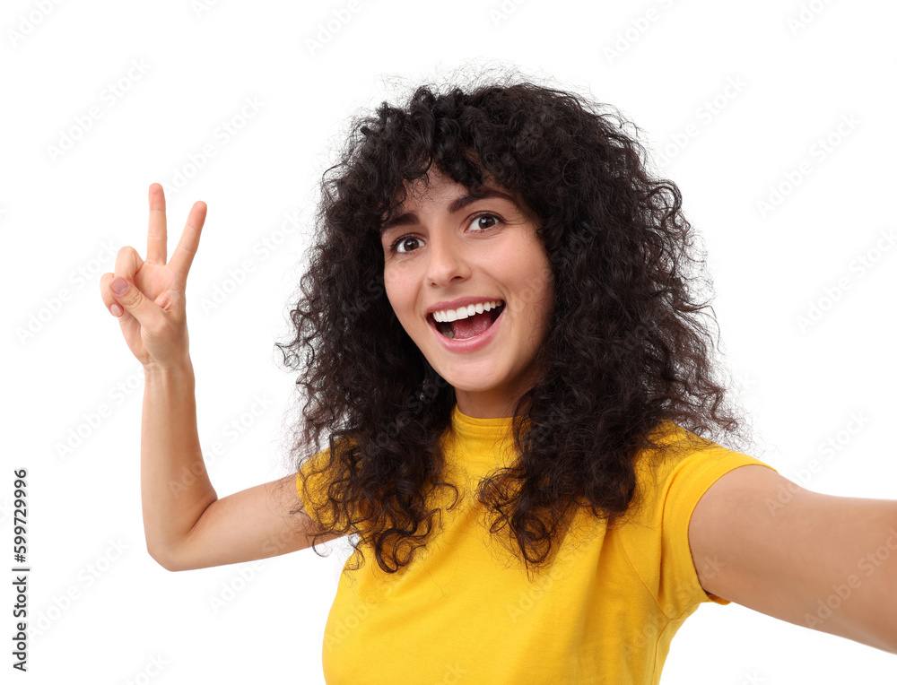 Beautiful young woman taking selfie on white background Beautiful young woman taking selfie on white background