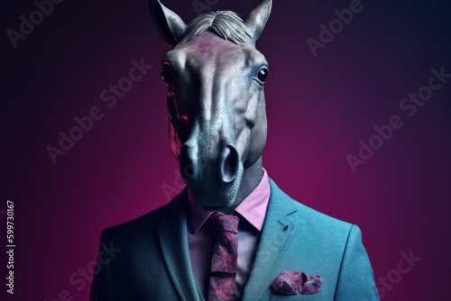 Anthropomorphic Horse dressed in a suit like a businessman. Business Concept. AI generated, human enhanced