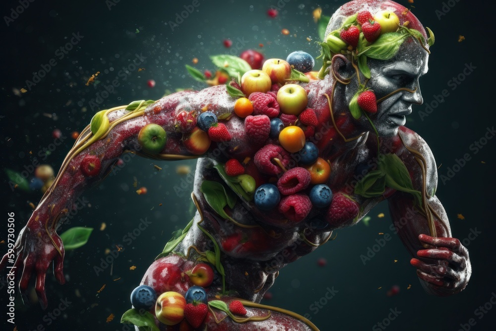 Silhouette of a man from fruits and vegetables. Energy concept for