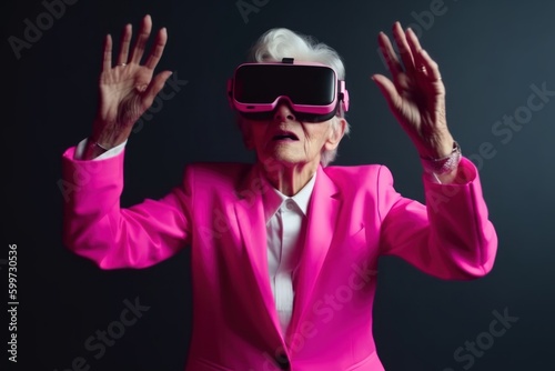 Old woman wearing virtual reality glasses. VR concept. AI generated, human enhanced