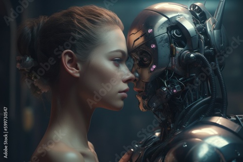 The concept of love and relationship with a robot. AI generated, human enhanced.