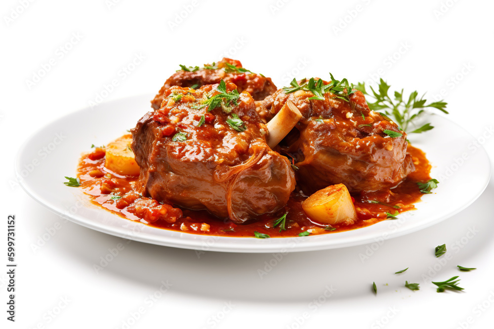 Osso buco - braised veal shanks in a tomato-based sauce. Generative AI.