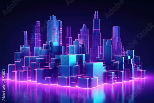 Night neon city in blue gradient color spectrum futuristic background on square with grid pattern