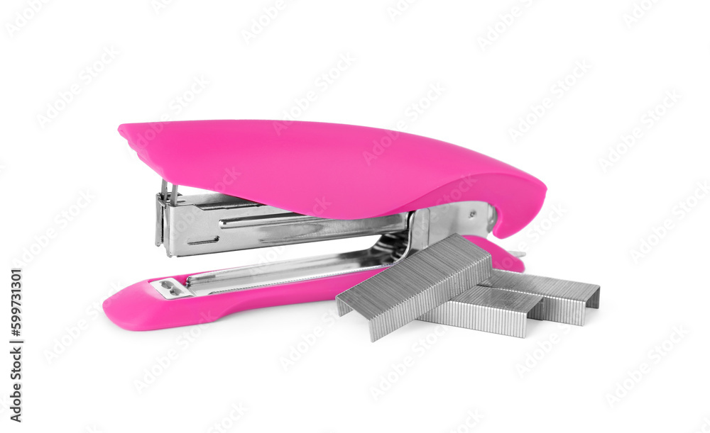 Bright pink stapler with staples isolated on white Bright pink stapler with staples isolated on white