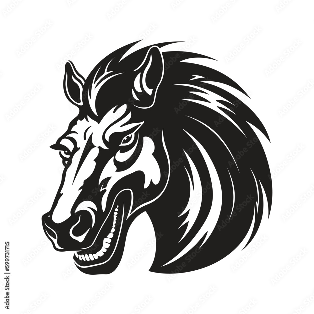 angry colt, vintage logo line art concept black and white color, hand drawn illustration