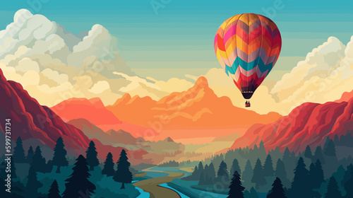 hot air balloon flying over a colorful landscape at sunrise