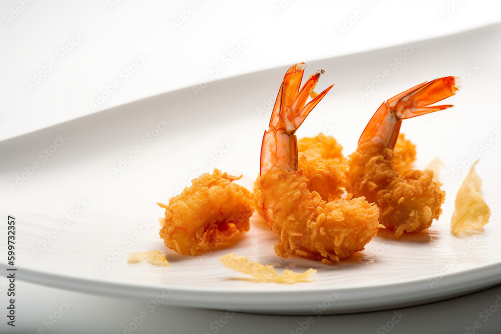 A white plate topped with shrimp next to a lemon wedge. Generative AI. A white plate topped with shrimp next to a lemon wedge. Generative AI.