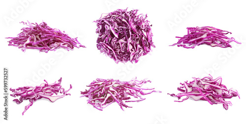 Foto Collage with piles of shredded fresh red cabbage on white background