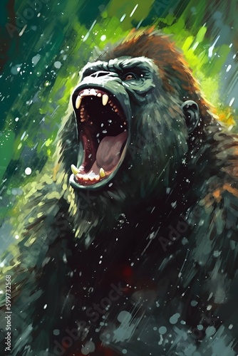 gorilla roar: portrait digital brush painting of a angry gorilla ape roar in jungle abstract background created with Generative AI technology