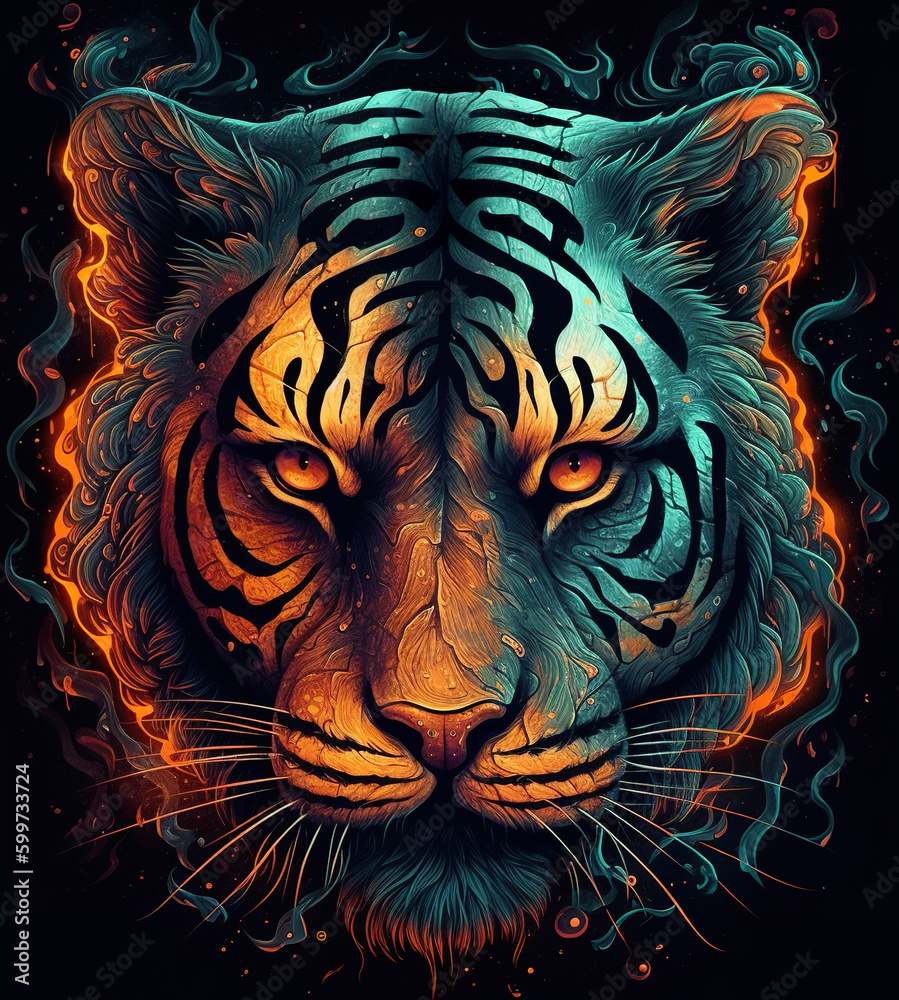 Fototapeta A tiger head with flames in the background. Generative AI.