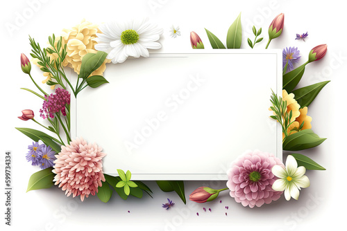 Border of Different Flowers Around a Blank White Frame - Generative AI 