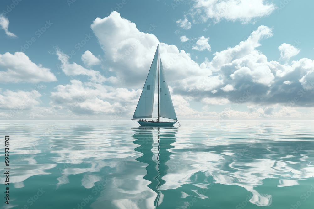  A sailboat and clouds in the water.